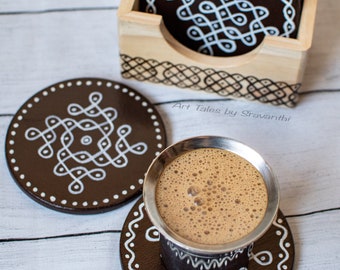 Hand Painted Kolam Coasters: Indian Traditional Set of 6 with Holder