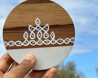 Acacia Wood and Marble Kolam Coasters: Indian Muggu Design