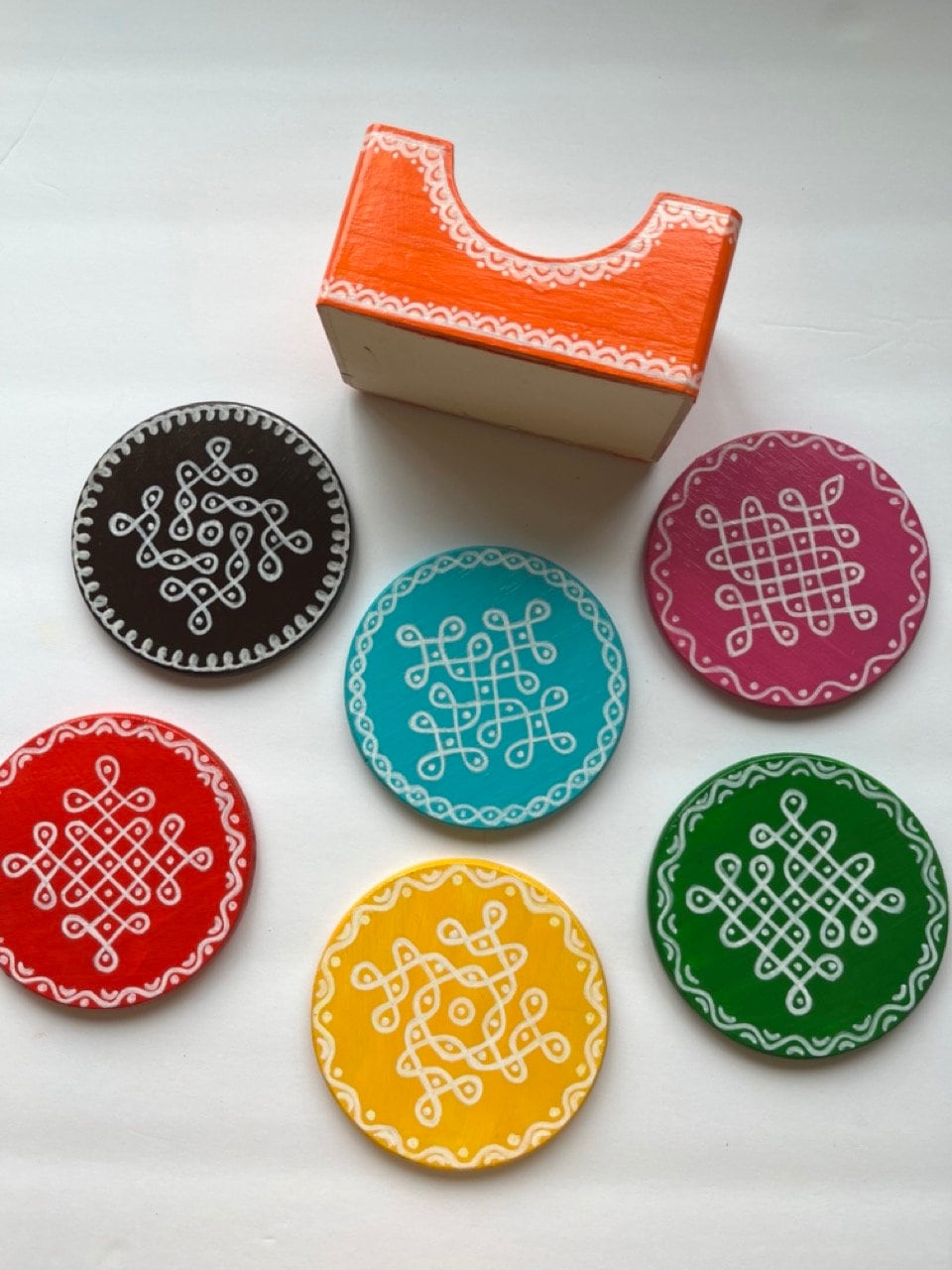 Indian Kolam Coasters- Multicolor - Set of 6 With Holder- Indian ...