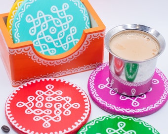 Indian Kolam Coasters: Multicolor Hand-Painted Set with Holder