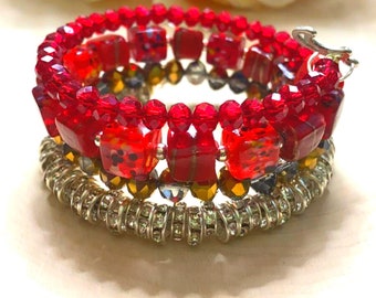 Fiery Ruby and Garnet Bead Bracelet with Gold Rhinestone Hoop Spacers Handmade Adjustable Memory Wire Bracelet With Gold Charms