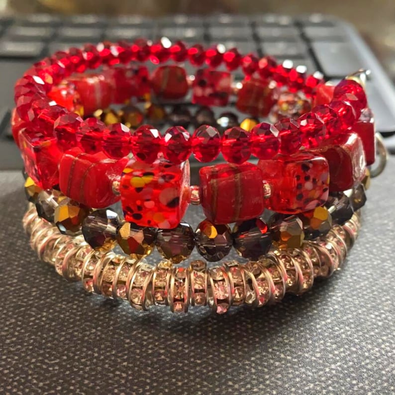 Fiery Ruby and Garnet Bead Bracelet with Gold Rhinestone Hoop Spacers Handmade Adjustable Memory Wire Bracelet With Gold Charms