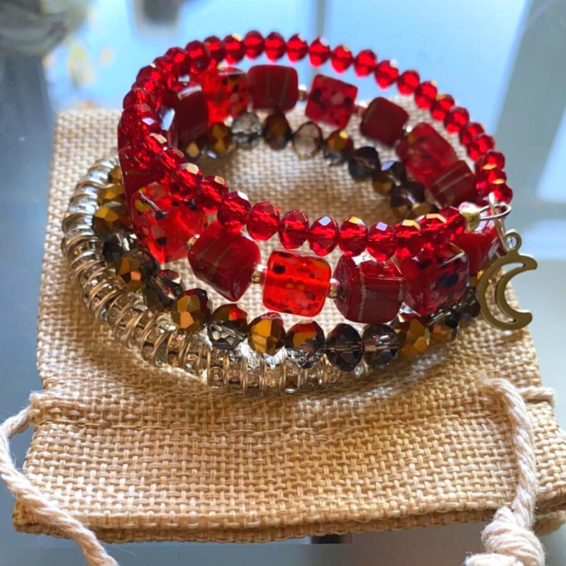 Fiery Ruby and Garnet Bead Bracelet with Gold Rhinestone Hoop Spacers Handmade Adjustable Memory Wire Bracelet With Gold Charms
