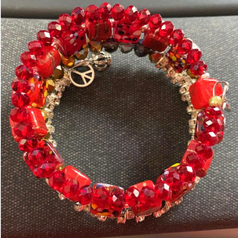 Fiery Ruby and Garnet Bead Bracelet with Gold Rhinestone Hoop Spacers Handmade Adjustable Memory Wire Bracelet With Gold Charms