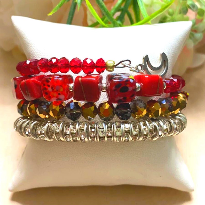 Fiery Ruby and Garnet Bead Bracelet with Gold Rhinestone Hoop Spacers Handmade Adjustable Memory Wire Bracelet With Gold Charms