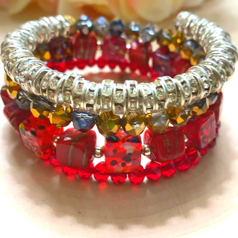 Fiery Ruby and Garnet Bead Bracelet with Gold Rhinestone Hoop Spacers Handmade Adjustable Memory Wire Bracelet With Gold Charms