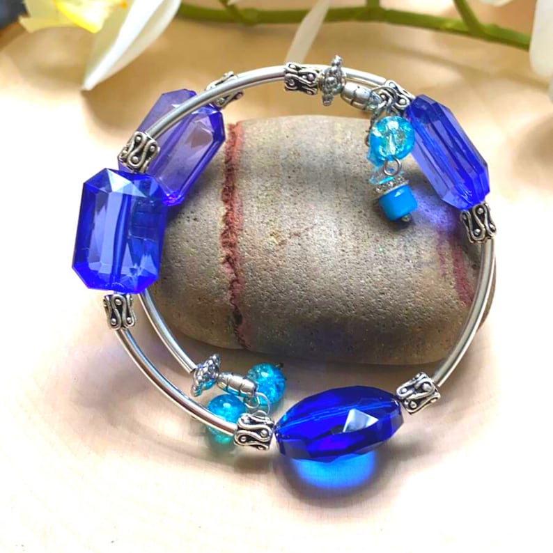 One of a kind Blue beaded Memory wire Bracelets shop store shoes dresses accessories shoes dinner party gifts silver gold
