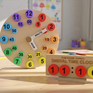 Könnte beinhalten: Eine hölzerne Lernuhr mit bunten Zahlen und Zeigern, sowie eine digitale Uhr. Die analoge Uhr hat Zahlen in verschiedenen Farben, mit den Bezeichnungen "HOUR" und "MINUTE". Die Digitaluhr zeigt "11:16" an.