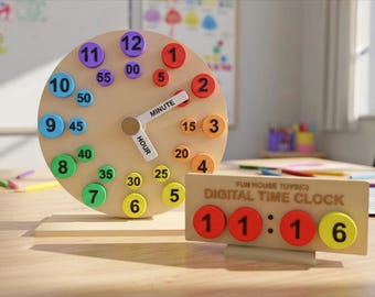 Könnte beinhalten: Eine hölzerne Lernuhr mit bunten Zahlen und Zeigern, sowie eine digitale Uhr. Die analoge Uhr hat Zahlen in verschiedenen Farben, mit den Bezeichnungen "HOUR" und "MINUTE". Die Digitaluhr zeigt "11:16" an.