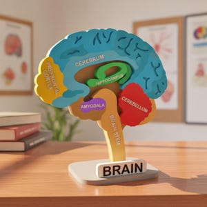 May include: A multi-colored anatomical brain model featuring labeled sections including the cerebrum, prefrontal cortex, hippocampus, amygdala, cerebellum, and brain stem. The model stands on a white base with the word BRAIN printed in black letters.