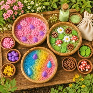 May include: Three wooden bowls filled with colorful, bubbly liquid and decorative shapes. One bowl contains pink flowers and purple gems, another green leaves and mushrooms, and the third a rainbow gradient with yellow stars and blue drops.