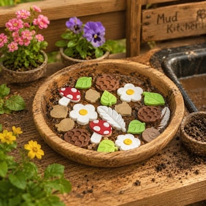 May include: A round wooden bowl filled with soil and various small decorative shapes including red and white mushrooms, white flowers with yellow centers, green leaves, brown honeycomb patterns, and white feathers.