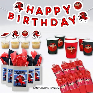 Carmen Secret Agent Party Supply - Sandiego Birthday Party Banner, Birthday Bags, Party Cups and Party Napkins