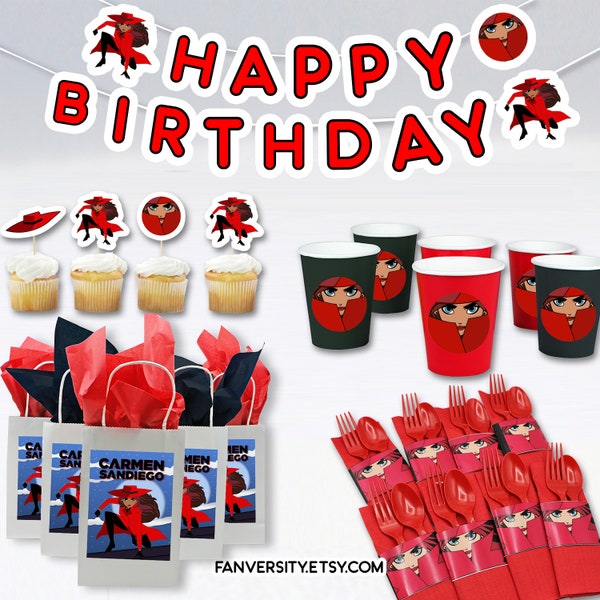 Carmen Secret Agent Party Supply - Sandiego Birthday Party Banner, Birthday Bags, Party Cups and Party Napkins