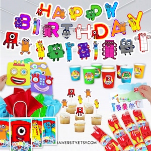 Artigos para festa de aniversário NumberLand - Faixa para festa de aniversário, topo de bolo, topo de cupcake, sacolas de aniversário, copos de festa e guardanapos de festa