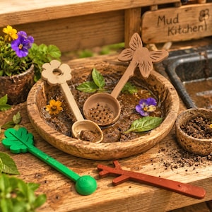 May include: A set of plastic play kitchen utensils including a tan spoon with a flower handle, a tan slotted spoon with a butterfly handle, a green spoon with a leaf handle, and a brown stick-shaped tool, all resting near a wooden bowl.
