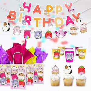 Forniture per feste di animali di peluche - Striscione per feste di compleanno Squish, sacchetti di compleanno, bicchieri per feste e tovaglioli per feste