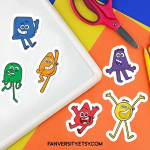 May include: Six colorful cartoon character stickers with different shapes and expressions. The stickers are on a white background with a yellow, orange, and blue background behind them.