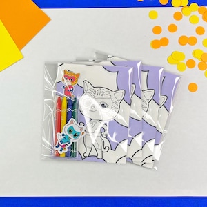 May include: A set of three colouring pages featuring a cartoon tiger character in a superhero costume. Each page is packaged in a clear plastic bag with four crayons and a sticker.