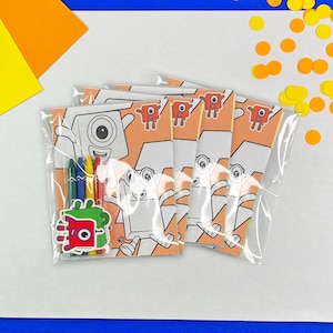May include: A set of four coloring pages featuring a cartoon character with a large eye and a red body. The pages are packaged in a clear plastic bag with four crayons.