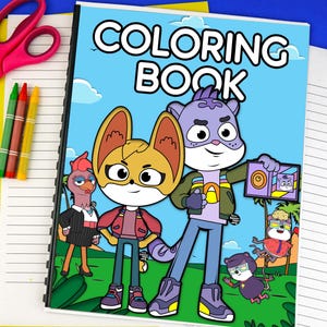 Könnte beinhalten: Ein Malbuchcover mit einer lila, blauen und gelben Comicfigur, die einen Ghettoblaster hält. Die Figur steht neben einer braunen und orangen Comicfigur mit großen Ohren. Das Buchcover zeigt auch eine rote und weiße Comicfigur mit einem Schnabel und eine schwarz-weiße Comicfigur mit einem Hut. Der Text "MALBUCH" ist in Schwarz oben auf dem Cover gedruckt.