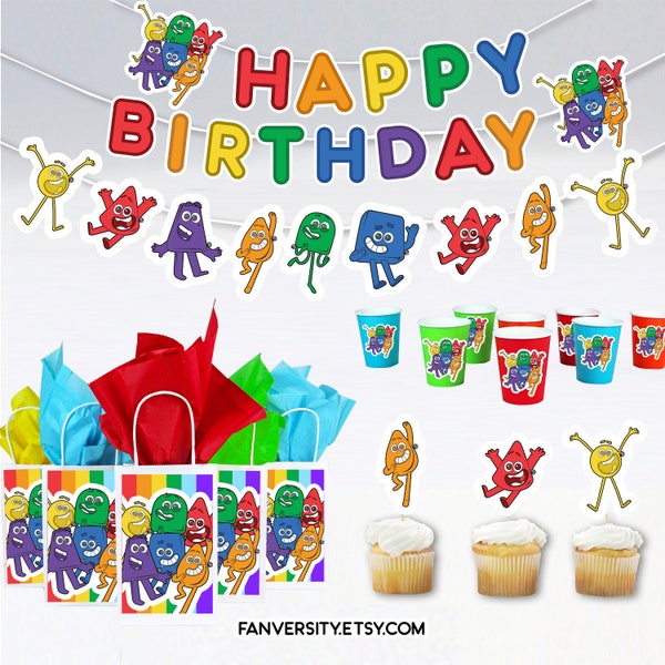 Colour Birthday Party Supply - Colour Blocks Birthday Party Banner, Cake Topper, Cupcake Topper, Birthday Bags, Party Cups and Party Napkins
