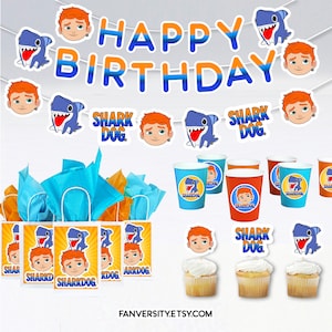Shark Party Supply - Shark Dog Birthday Party Banner, Birthday Bags, Party Cups and Party Napkins