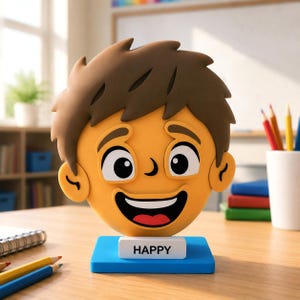 Pode incluir: Uma figura em estilo de desenho animado de um rosto sorridente com cabelo castanho, colocada sobre uma base retangular azul. Uma pequena placa branca fixada na parte frontal da base apresenta a palavra "HAPPY" em letras maiúsculas pretas.