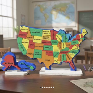 May include: A colorful wooden puzzle of the United States, with each state labeled and in a different color. Alaska and Hawaii are separate pieces. The puzzle sits on a desk in a classroom setting, with a world map and other educational items visible.