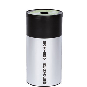 May include: A silver and black cylindrical battery recycling bin with a black lid and a green recycling symbol. The bin has the text "BATTERY RECYCLER" printed on the side.