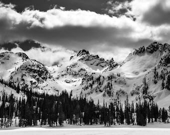Alice Lake in Winter, Sawtooth Mountains, Idaho | Landscape Photography | Photographic Print, Canvas, Metal | Fine Art | Wall Decor | B&W