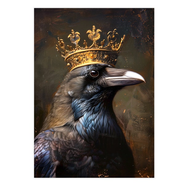 Gothic Raven King Crown Painting Art Poster Print, Black Bird Crow Portrait Rennaisance Wall Decor, Victorian Vintage Witchy Animal Lover