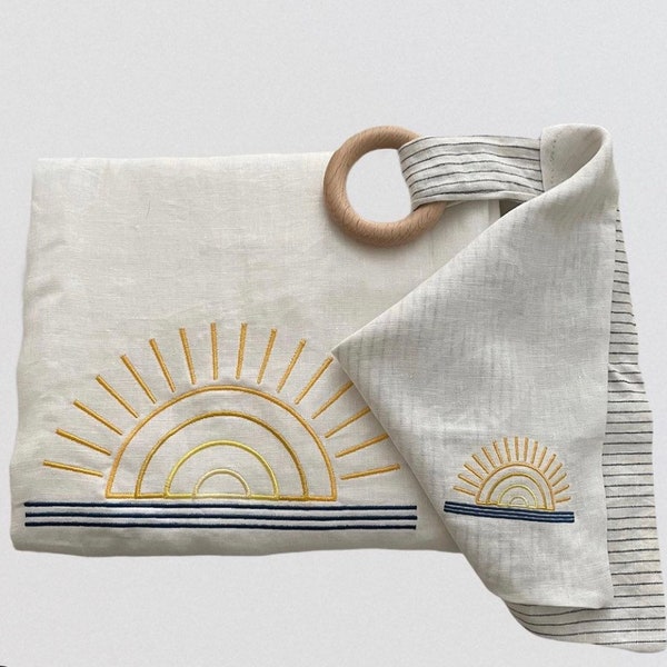 White Organic Linen Baby Blanket with Sun Embroidery