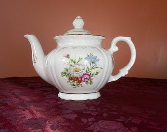 White Rose And Wild Flowers Teapot The Tuscany Collection Of Japan Vintage Cottagecore Teapot With Gold Filigree Shabby Chic Classic Design