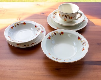 Autumn Leaves Breakfast Set Mid-Century Pattern By Hall China Co Set Of 6 Danish, Bread Plates Cereal, Fruit Bowls Tea Cup And Saucer