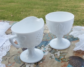 Milk Glass Sugar Bowl And Creamer, Vintage Grape Harvest Design Pedestal Sugar Bowl & Creamer By Indiana Glass, Sugar Bowl And Creamer Set