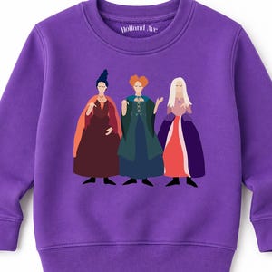 Può includere: Una felpa girocollo a maniche lunghe di colore viola vivace, caratterizzata da un'illustrazione grafica di tre figure con abiti in stile storico. L'etichetta interna sul collo riporta la scritta Holland Ave. Il design mostra tre personaggi distinti in abiti colorati.