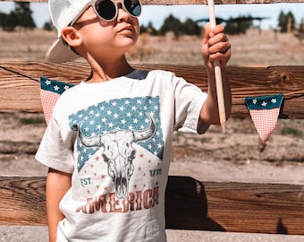 Maglietta per bambini per il 4 luglio, maglietta vintage americana per ragazzi, maglietta patriottica western, abbigliamento per il 4 luglio, maglietta retrò USA con grafica da cowboy per bambini e ragazzi