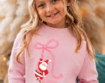 Mädchen-Weihnachtspullover, Baby-Kleinkind-Jugend-Sweatshirt mit rosa Schleife und Weihnachtsmann