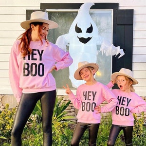 Womens Halloween Sweatshirt | Toddler Girls Halloween Shirt | Hey Boo Kids and Adult Halloween Crewneck | Toddler Halloween Sweatshirt