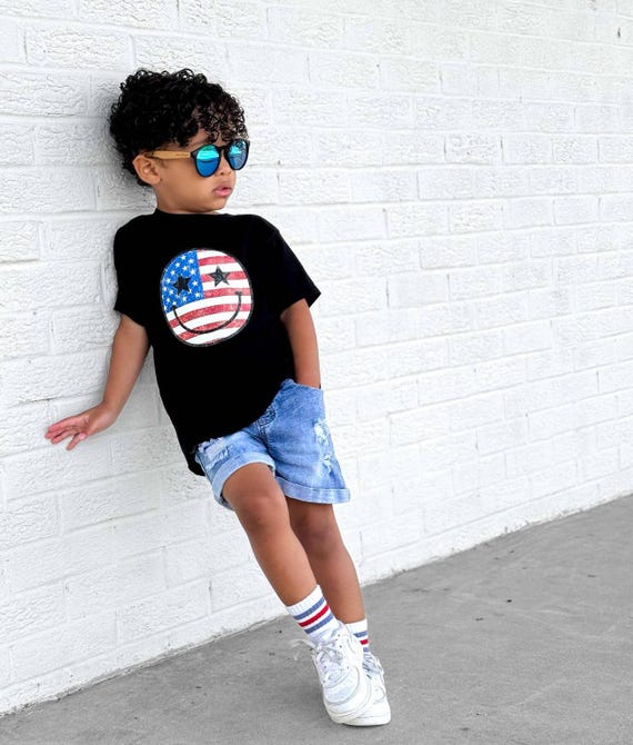 Kids 4th of July Shirt, Patriotic Smiley Face Tee, Toddler July 4 Outfit, Boys USA Shirt, Kids Independence Day Shirt, Retro Patriotic Shirt