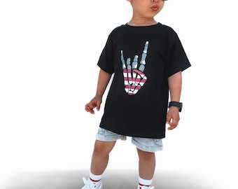 Camiseta rockera del 4 de julio para niños / Camiseta del 4 de julio para bebés, niños pequeños y jóvenes / Camiseta con bandera estadounidense del 4 de julio de Skelly