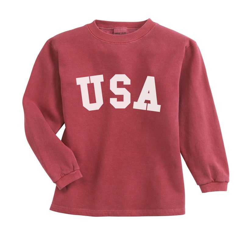 Pu&ograve; includere: Una felpa rossa a maniche lunghe con la scritta "USA" stampata in bianco sul davanti.