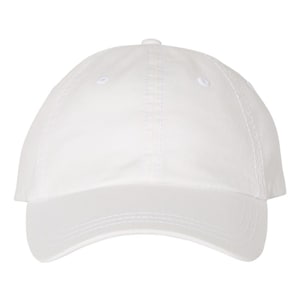 May include: A plain white baseball cap with a curved brim.