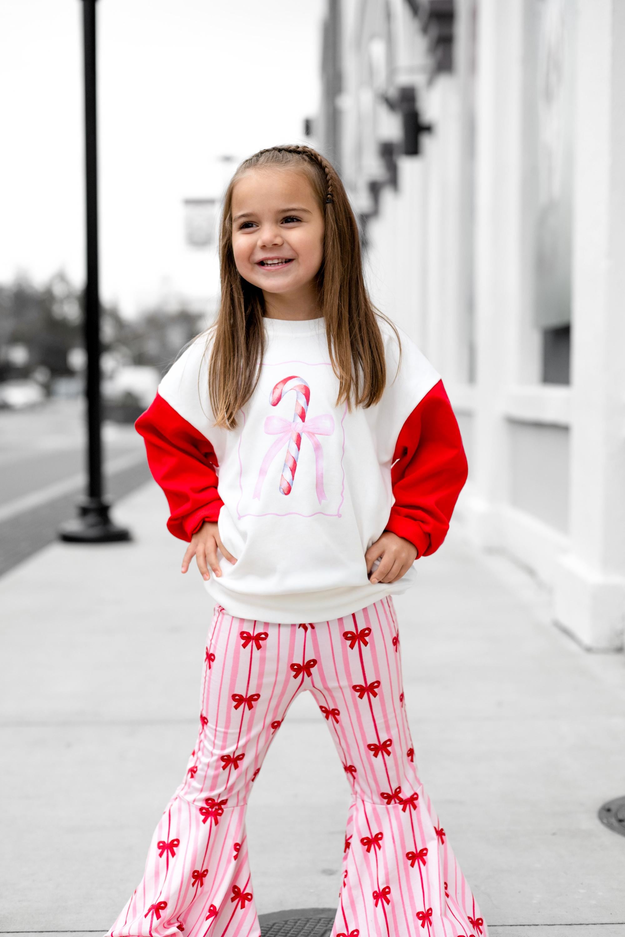 Candy Cane Ribbon Girls Christmas Sweatshirt - Holiday Sweatshirt for Baby, Toddler Youth and Kids, Christmas Toddler Girls Shirt