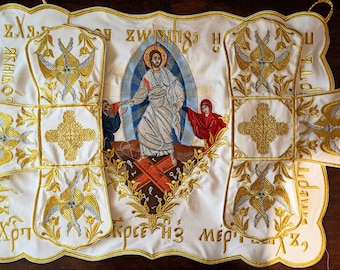 Chalice Covers - Air and chalice veil set. Orthodox Icon of Resurrection. Gift for priest or bishop. ECCLESIASTICAL COVERS. Embroidery icon