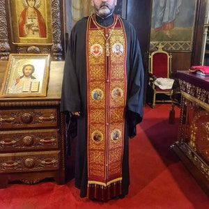 Red Epitrachelion,Stole. Full Embroidery for priest and bishops vestments .Icons of Christ, the Holy Mother of God and the four evangelists