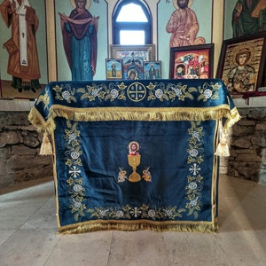 Holy altar cover blue. Embroidered altar vestments. Byzantine orthodox. Orthodox church. ECCLESIASTICAL COVERS
