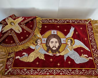 Chalice covers set, fringe. icon Jesus Christ. Fully embroidered. Gift for priest or bishop. Veil set. ECCLESIASTICAL COVERS