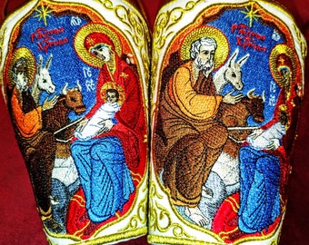 Orthodox priest bishop cuffs. Fully embroidered icon of Nativity of Christ . Byzantine Ecclesiastical Set. Embroidery vestments.